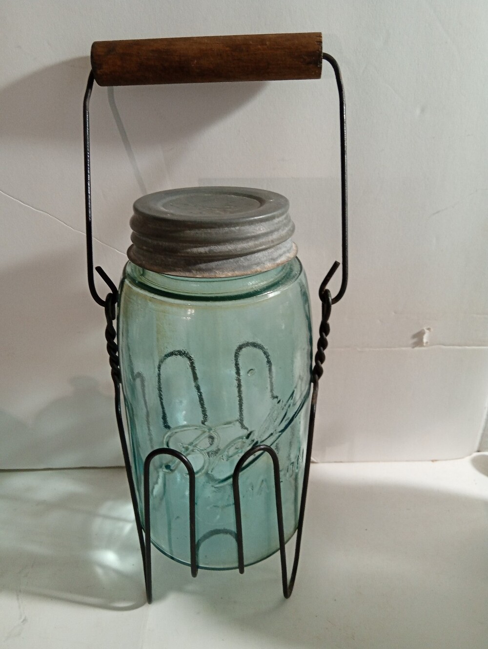 Vintage-Style Aqua Glass Jar Lantern with Metal Stand